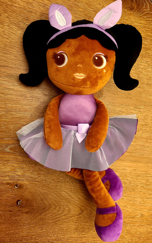 Soft Rag 16in Brown Girl Doll With Bunny Ears Plush Toy