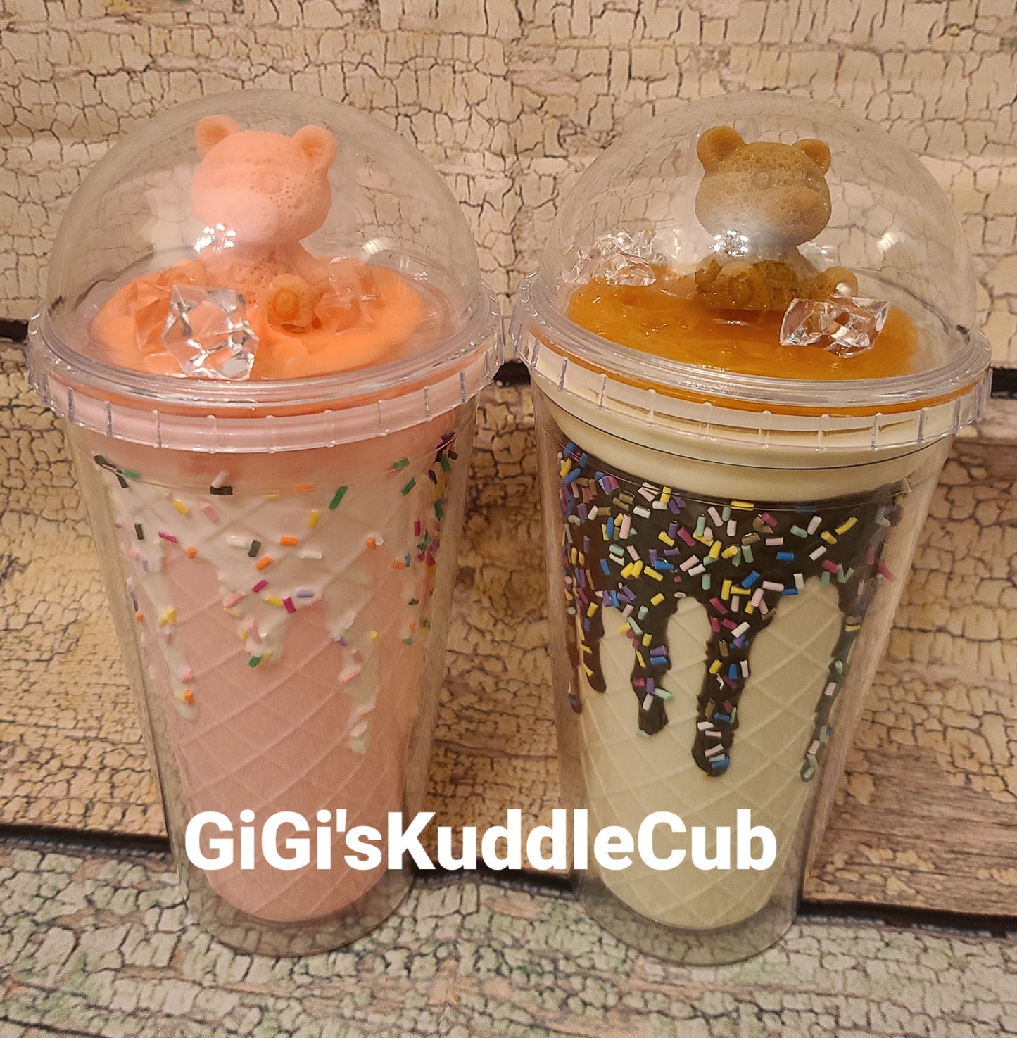 Double Walled Dome Lid 3D Bear Ice Cubes Acrylic Ice Cream Drips Sprinkle Tumbler Cup With Straw BPA Free 16oz