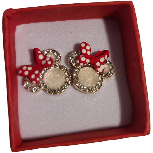 S925 Mouse Ears Red Bow Rhinestone Diamond Stud Earrings. (SILVER)