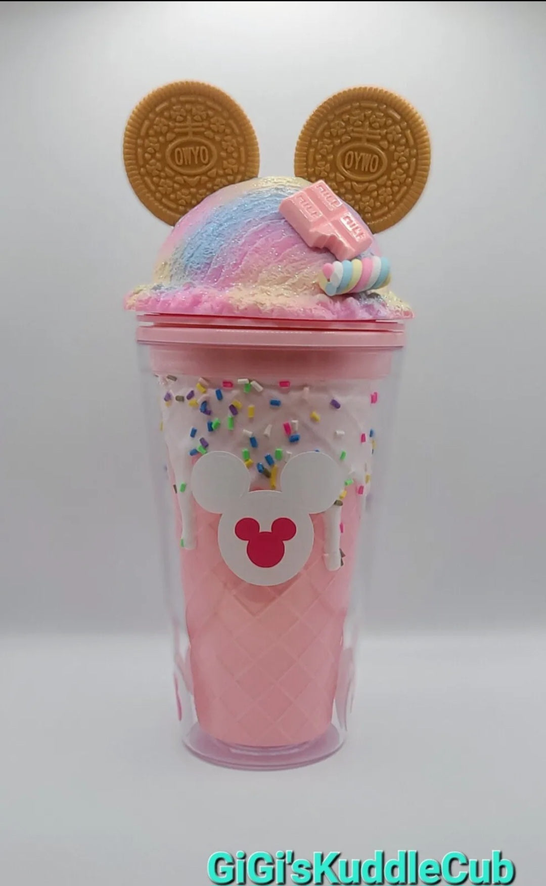 Double Walled Ice Cream Dome Lid Mouse Cookie Ears Sprinkle Tumbler Cup With Straw BPA Free 16oz