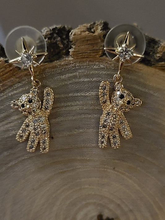 Star Catcher 14k Gold plated Crystal Bear Bowtie statement Earrings