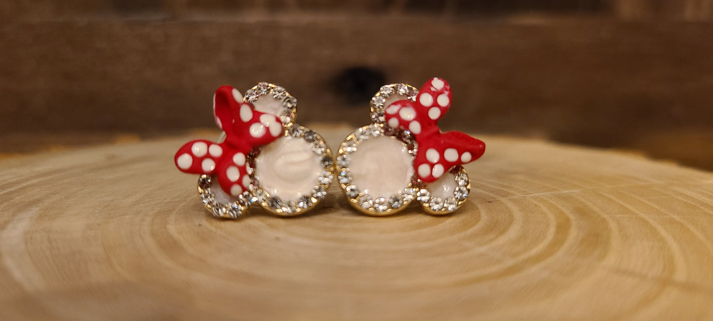 S925 Mouse Ears Red Bow Rhinestone Diamond Stud Earrings. (SILVER)