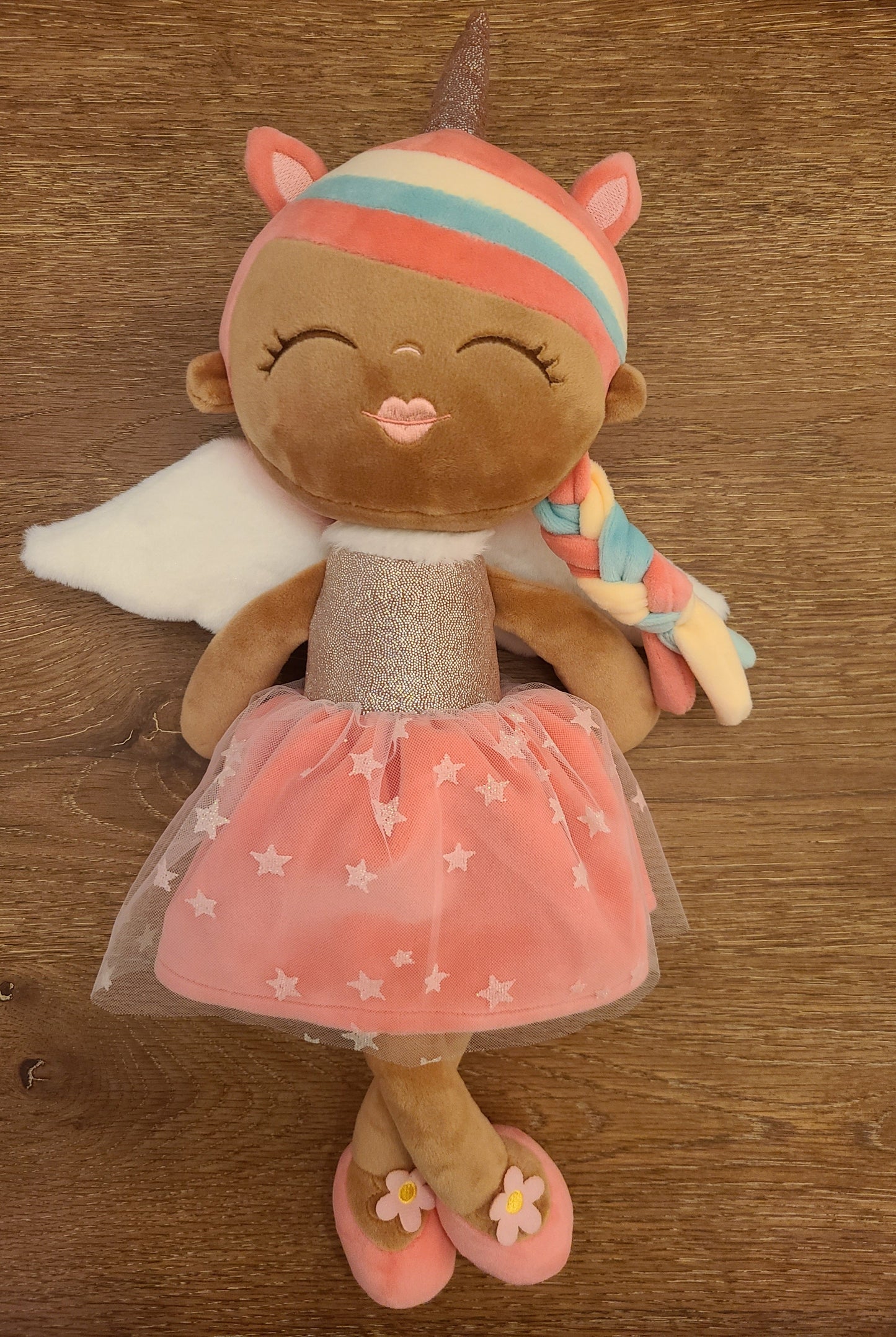 Personalized Soft Rag 15" Brown Skin Unicorn Girl Stuffed Plush Doll/Handmade Baby Gift Toy