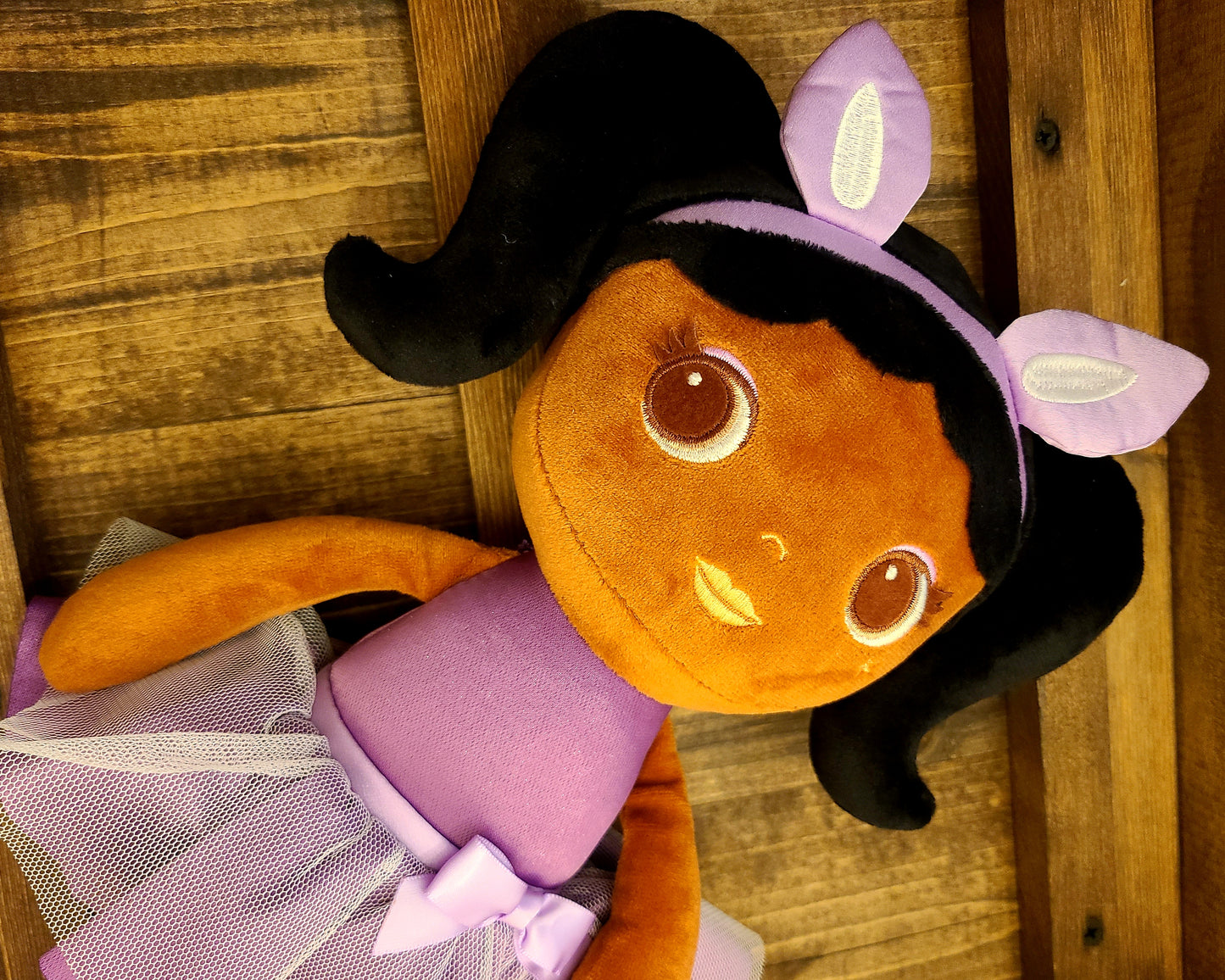 Soft Rag 16in Brown Girl Doll With Bunny Ears Plush Toy