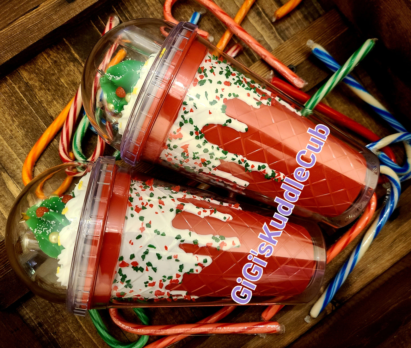 LIMITED EDITION Xmas Tree Double Walled  Dome Lid Crushed Peppermint Vanilla Ice Cream Tumbler Cup With Straw BPA Free 16oz