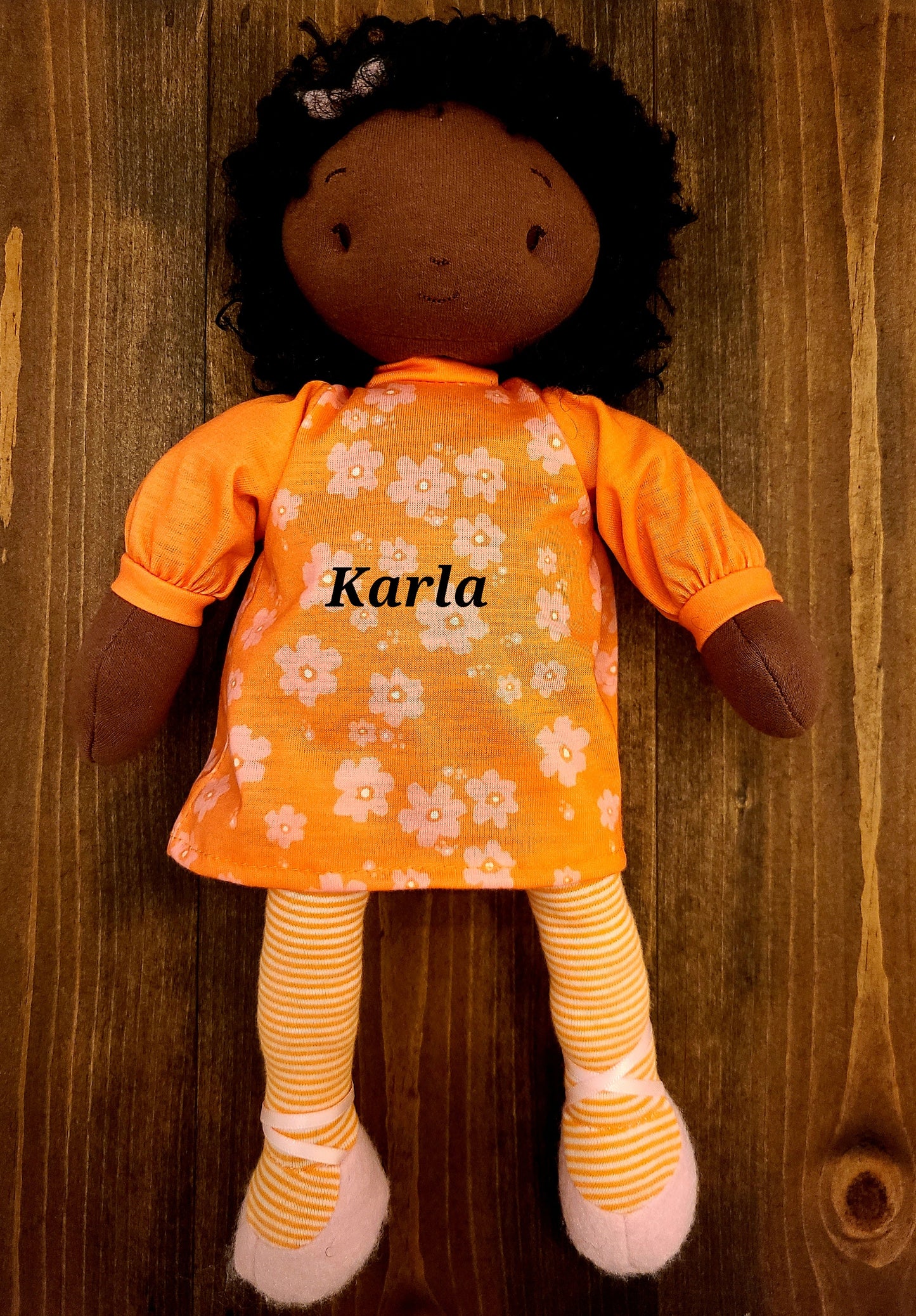 Personalized Soft Rag 12"  Orange Floral  Dress Brown Girl Plush Doll Toy/Handmade Baby Gift Toy/ Global Sister