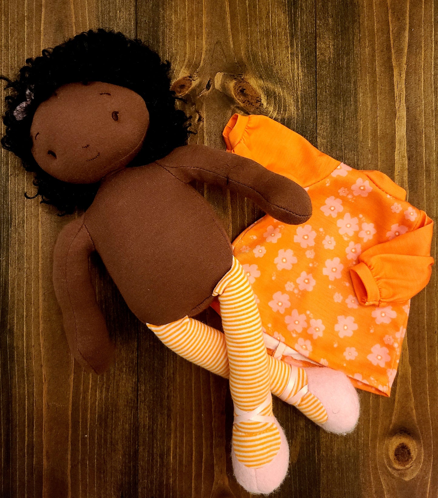 Soft Rag 12in Orange Floral  Dress Brown Girl Plush Doll Toy/Handmade Baby Gift Toy/ Global Sister