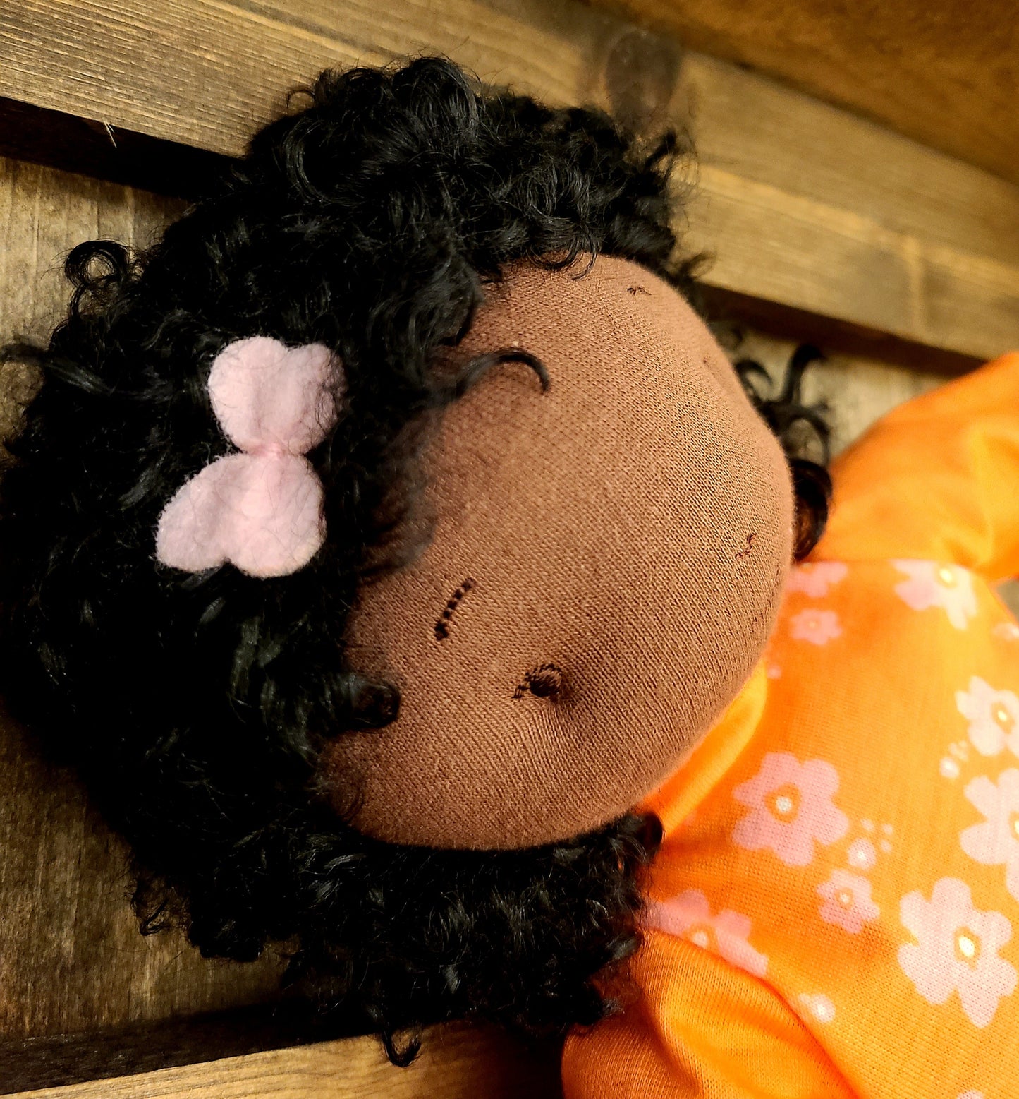 Personalized Soft Rag 12"  Orange Floral  Dress Brown Girl Plush Doll Toy/Handmade Baby Gift Toy/ Global Sister
