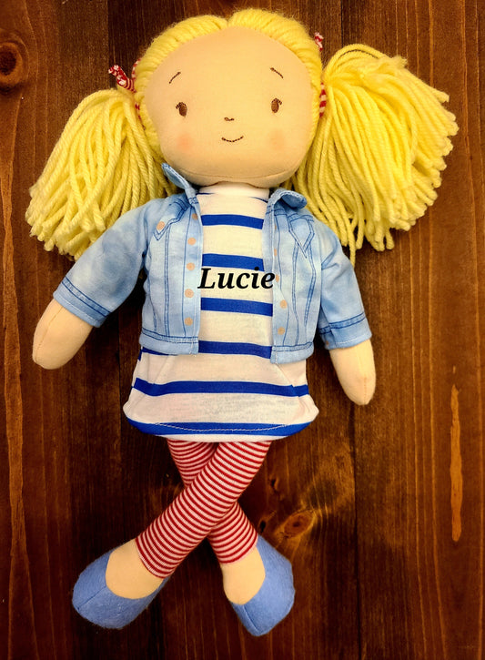 Personalized Soft Rag 12in Plush Doll Girl with Stripes legging Toy/Handmade Baby Gift Toy/Decor/Global Sister