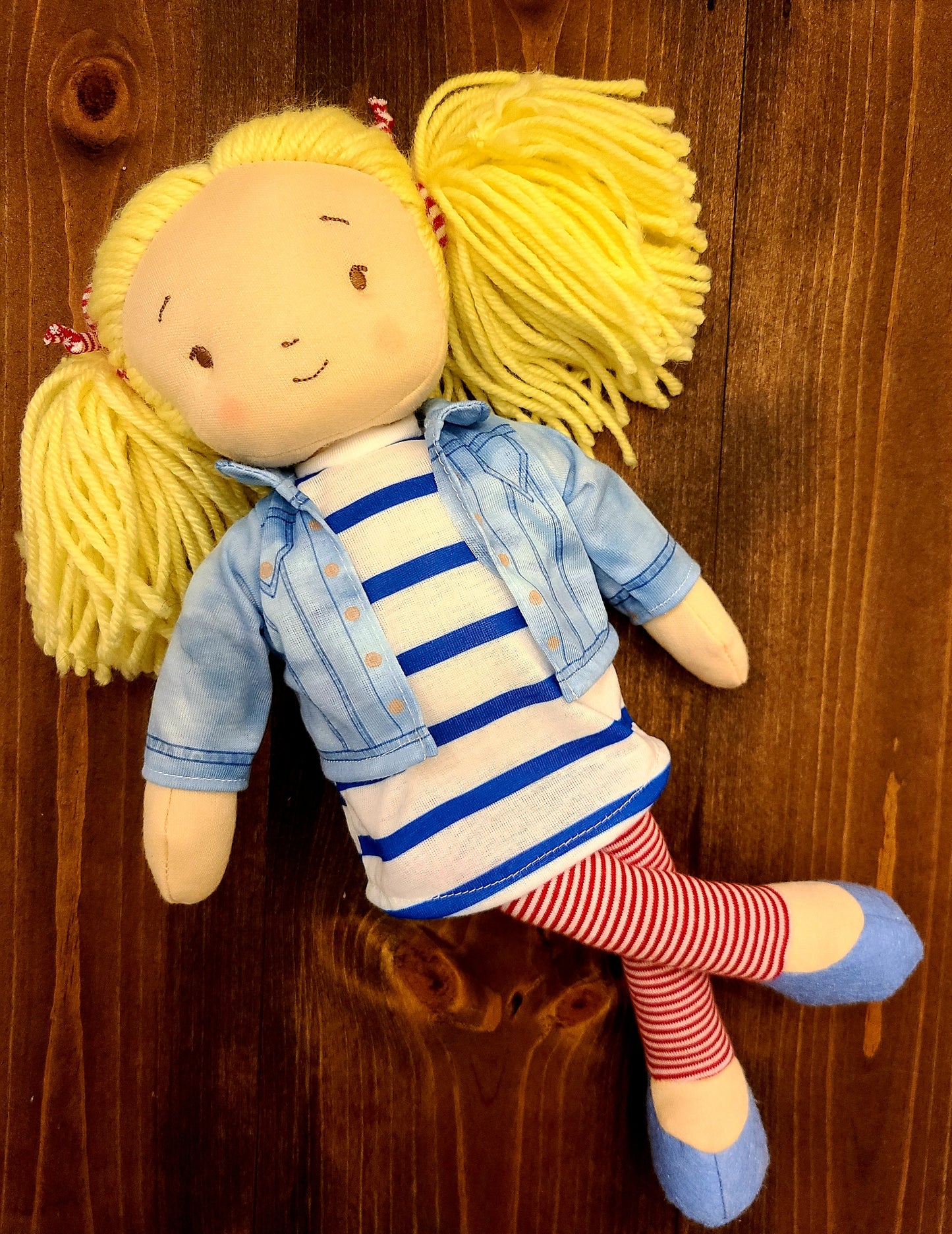 Soft Rag 12in Plush Doll Girl with Stripes legging Toy/Handmade Baby Gift Toy/Decor/Global Sister