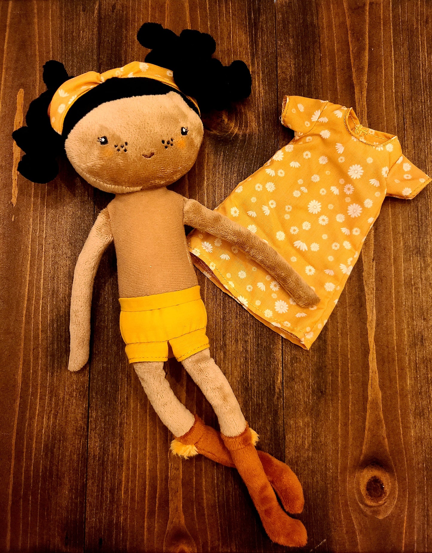 Personalized Evi Soft Rag 13" Brown Girl Plush Doll With Mustard Flower Dress/ Baby Gift Toy