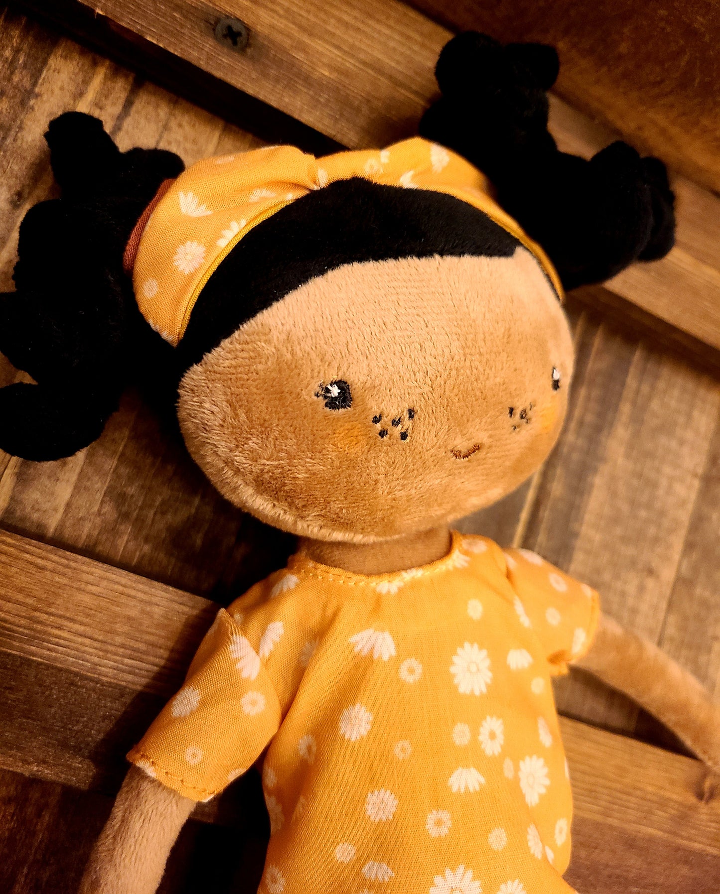 Evi Soft Rag 13" Brown Girl Plush Doll With Mustard Flower Dress/ Baby Gift Toy