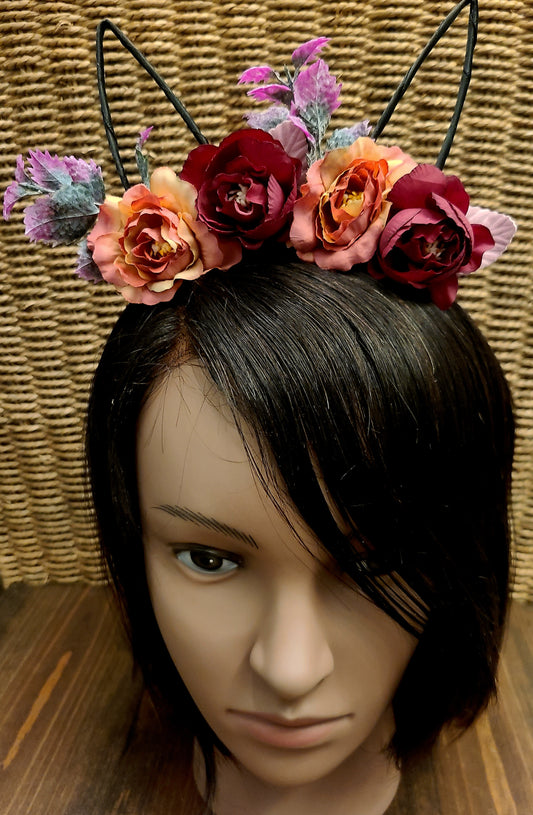 Floral Halo Bohemian Burgundy Cat Ears Headband Hair Accessories For Women
