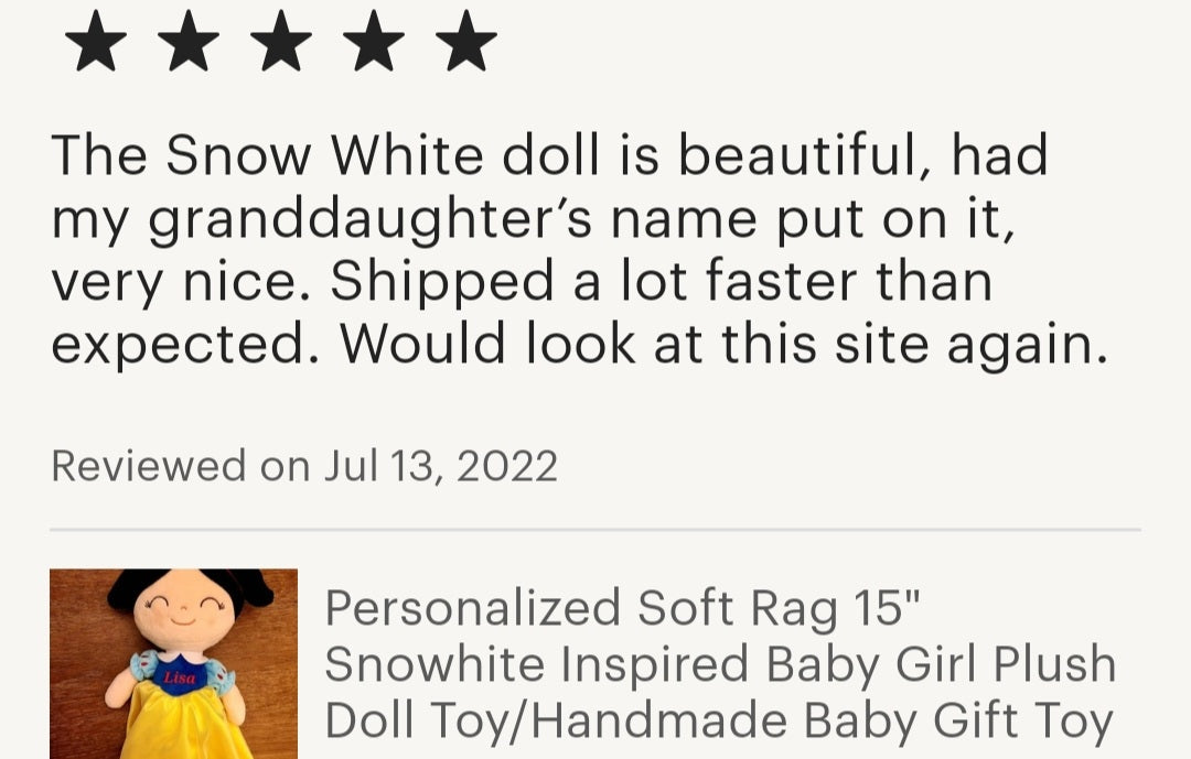 Personalized Soft Rag 15in Snow white Inspired Baby Girl Plush Doll Toy/Handmade Baby Gift Toy/Decor