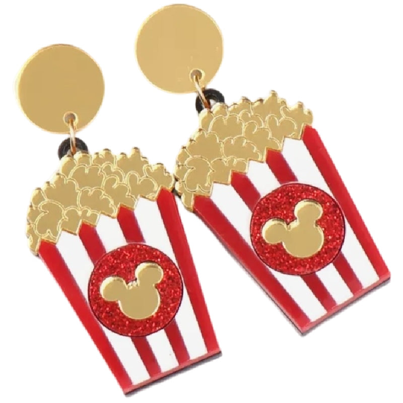Popcorn Bucket Dangle Glitter Mouse Ears Earrings.