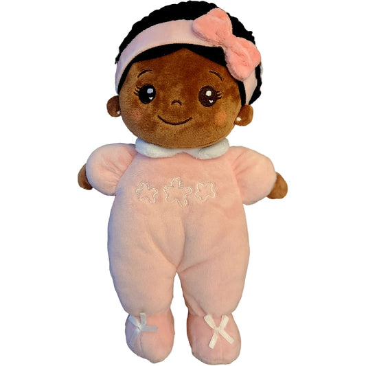 Personalized Soft Rag 10in Petite Sleeping Sweet Baby Brown Skin Girl With Pink Onesie Plush Doll  Baby Gift Toy