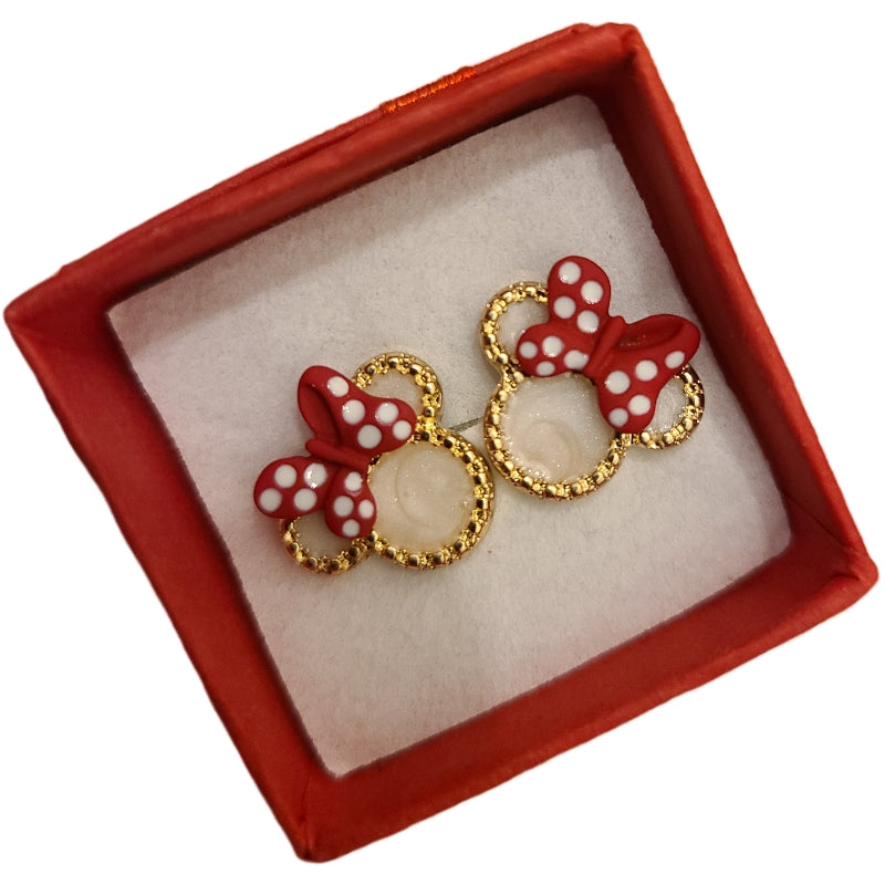 Fashion S925 Mouse Ears Red Bow Stud Earrings (GOLD)