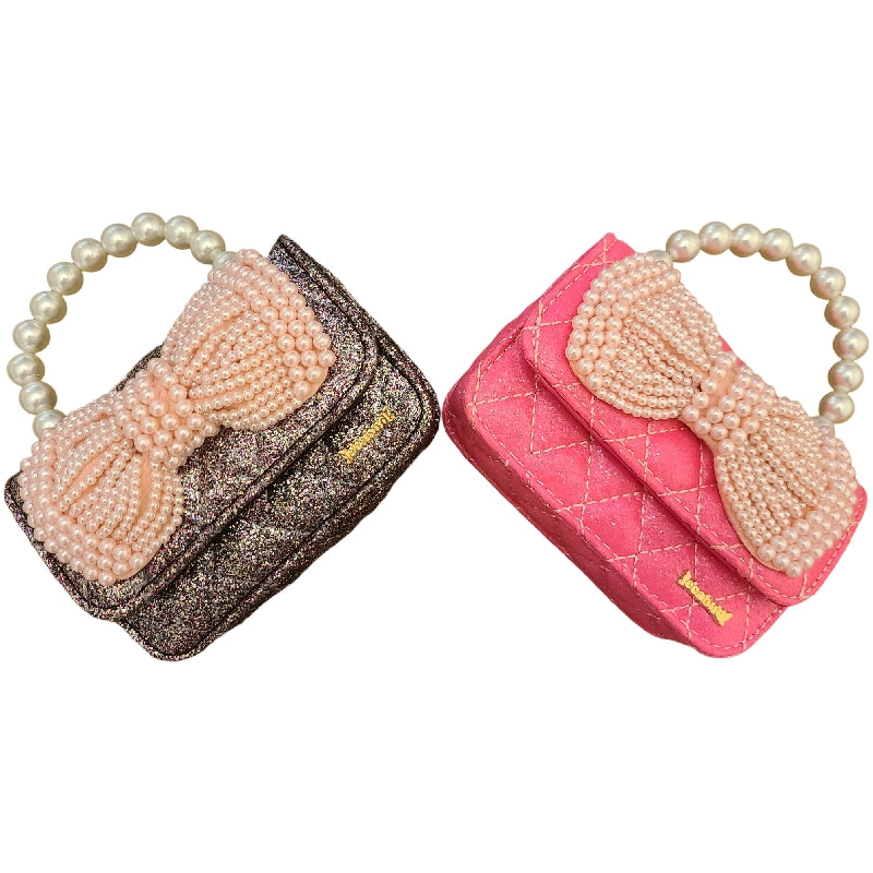 Pearl BowKnot Fashion Glitter Leather Crossbody Mini Coin Purse For Toddlers With Metal Chain.