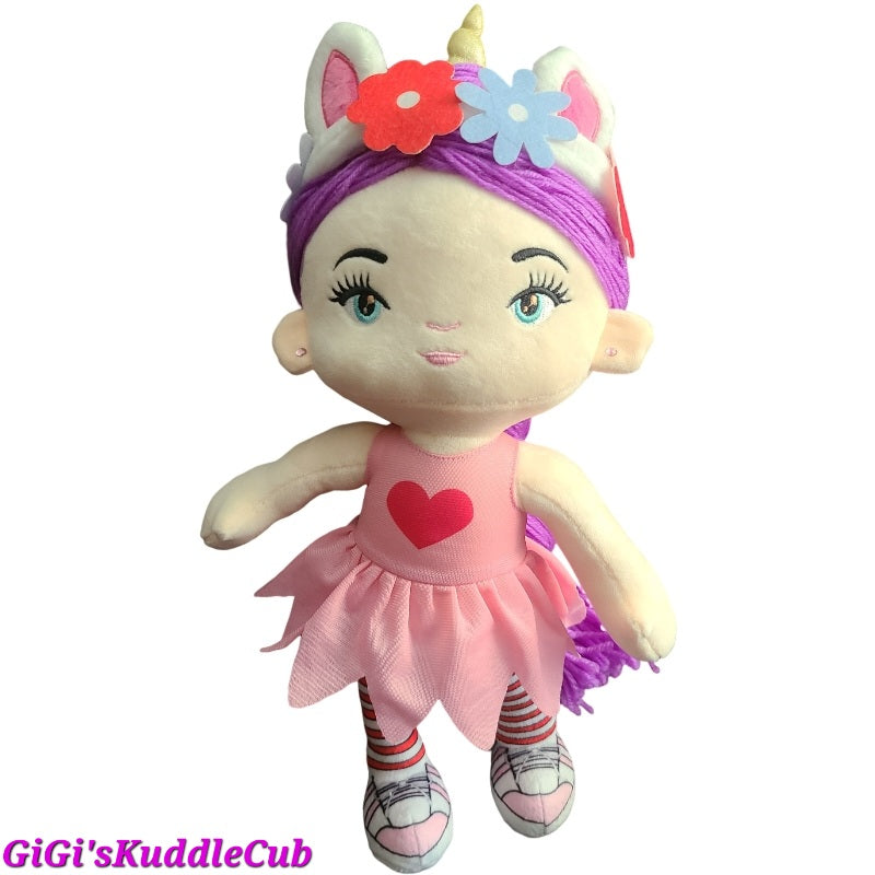 Soft Rag 14" Unicorn Fairy Girl Plush Rag Doll Toy With Purple Yarn Hair